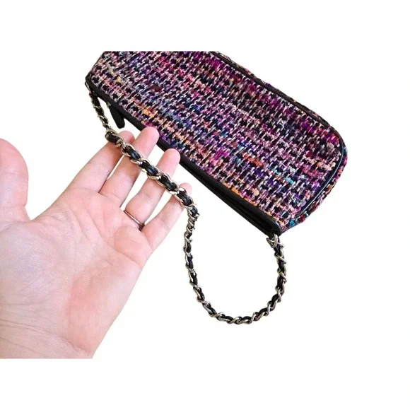 Talbots Tweed Purse Chain Shoulder Strap Bag Black Multicolor Small - Picture 3 of 8